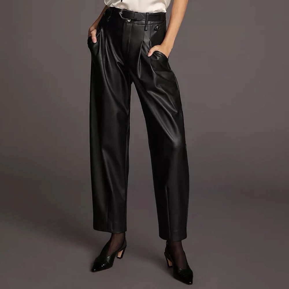 Anthropologie Maeve Faux Leather Black High-Waisted Taper Trousers Size 6